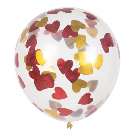 Ballons Transparents avec confettis coeurs Or/rouge